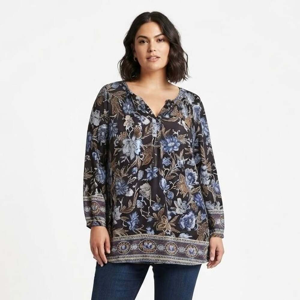 Lucky Brand Floral Paisley Tunic Blouse Boho Long Sleeve Plus Size 1X